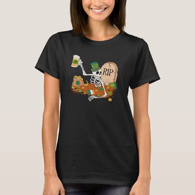 Camiseta Skeleton Drinking Beer St Patricks Day Leprechaun  (Anverso)
