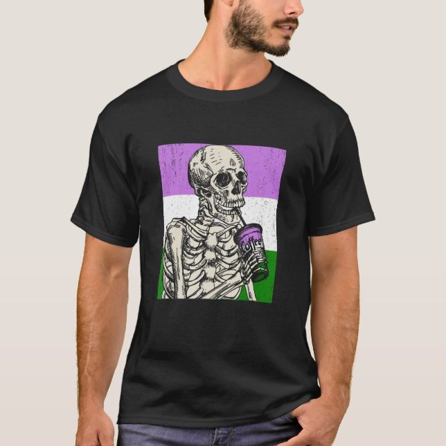 Camiseta Skeleton Drinking Coffee LGBTQ Genderqueer Pride F (Anverso)