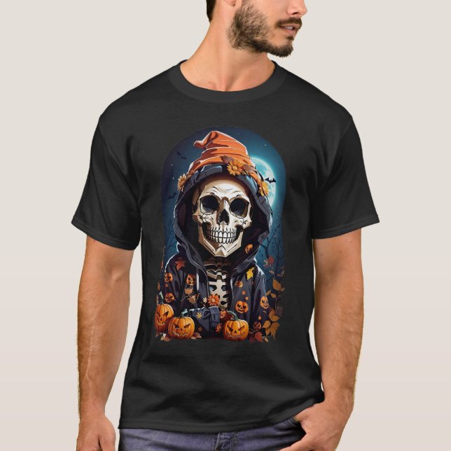 Camiseta Skeleton espeluznante con calabazas malvadas (Anverso)