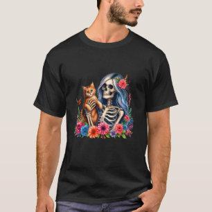 Camiseta Skeleton Femenino Y Gato Gatito Cute Ama Halloween