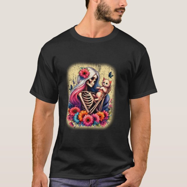 Camiseta Skeleton Femenino Y Gato Gatito Cute Ama Halloween (Anverso)