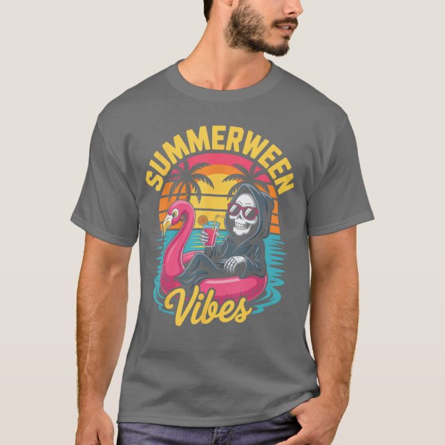 Camiseta Skeleton Flamingo Spooky Summer Party Beach Summer (Anverso)