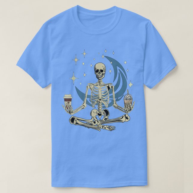 Camiseta Skeleton Haciendo Yoga Y Tomando Café Gracioso Med (Diseño del anverso)