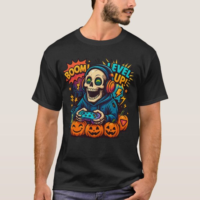 Camiseta Skeleton Halloween Skull Gamer Spooky Pumpkin game (Anverso)