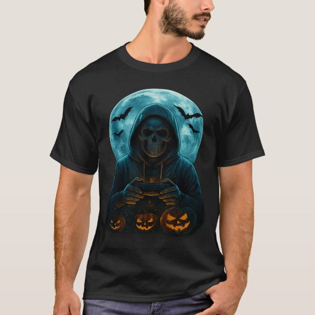 Camiseta Skeleton Halloween Skull Gamer Spooky Pumpkin game (Anverso)