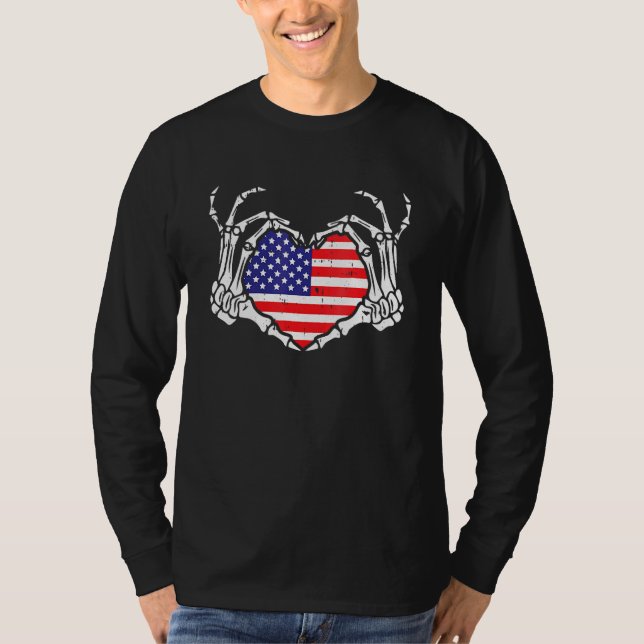 Camiseta Skeleton Hand Heart 4 De Julio Amor Bandera Americ (Anverso)