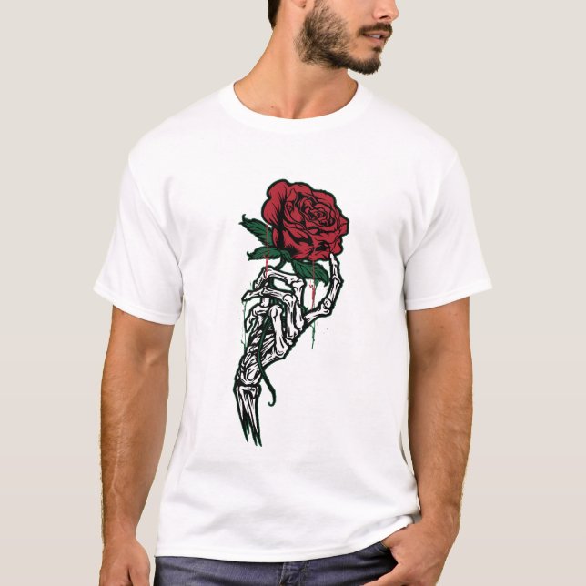 Camiseta Skeleton Hand Holding Red Rose — Edgy Valentine’s  (Anverso)