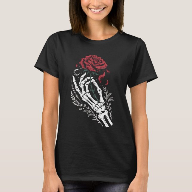 Camiseta Skeleton Hand Holding Rose Gothic T-Shirt for Dark (Anverso)