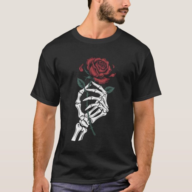 Camiseta Skeleton Hand Holding Rose Gothic T-Shirt for Dark (Anverso)