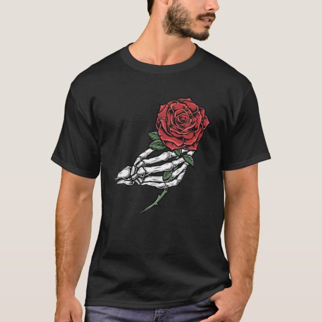 Camiseta Skeleton Hand Red Rose Flower (Anverso)