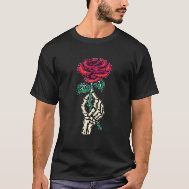 Camiseta Skeleton Hand Red Rose Flower Regalo Estético Stre (Anverso)
