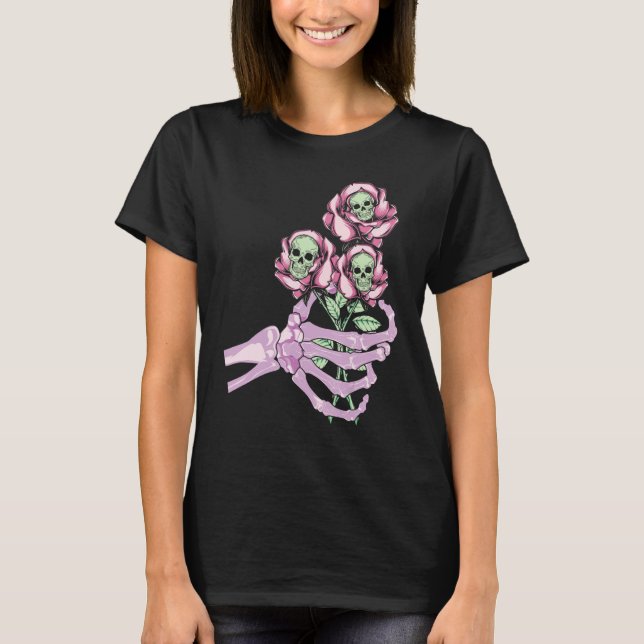 Camiseta Skeleton Hand Skull Pastel Roses Graphic Valentine (Anverso)