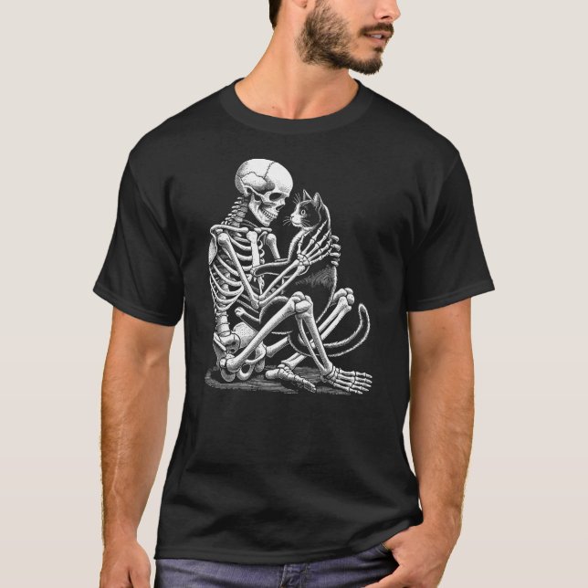 Camiseta Skeleton Holding A Cat Funny Lazy Halloween Costum (Anverso)