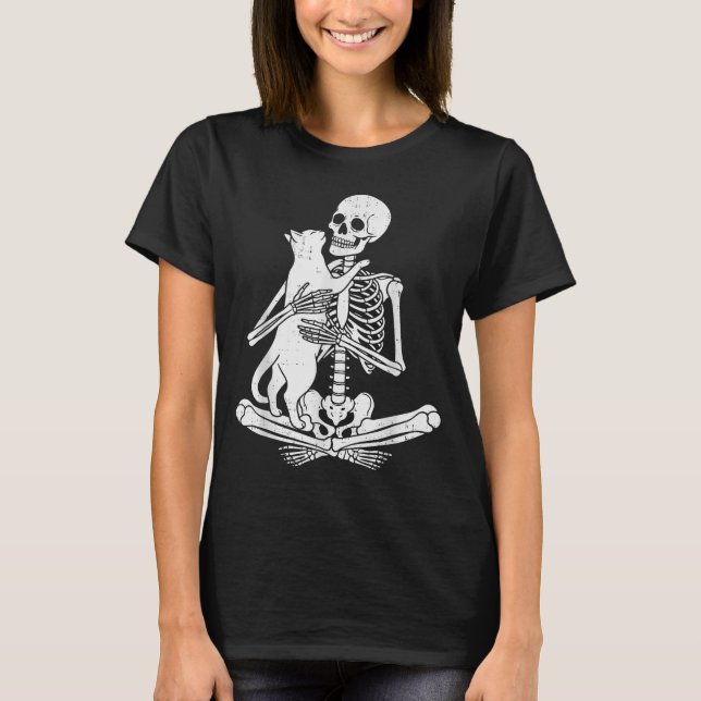 Camiseta Skeleton Holding Cat Funny Soky Halloween Meow Kit (Anverso)