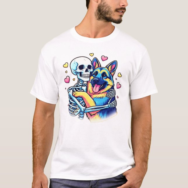 Camiseta Skeleton Hugging a German Shepherd � Unique Gothic (Anverso)