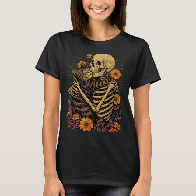 Camiseta Skeleton Hugging Cat Floral Halloween Cats Lover  (Anverso)