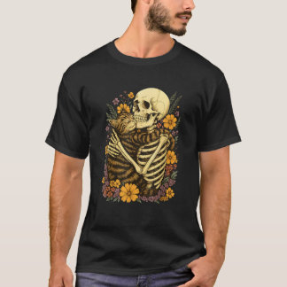 Camiseta Skeleton Hugging Cat Floral Halloween Creepy Cute 