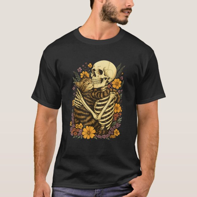 Camiseta Skeleton Hugging Cat Floral Halloween Creepy Cute  (Anverso)