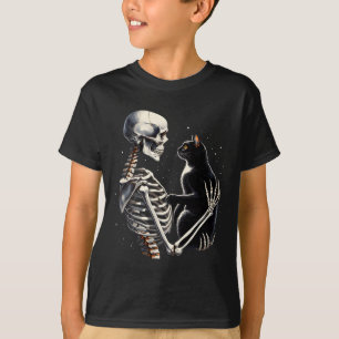Camiseta Skeleton Jugando Con Una Grapa Gráfica De Gato De