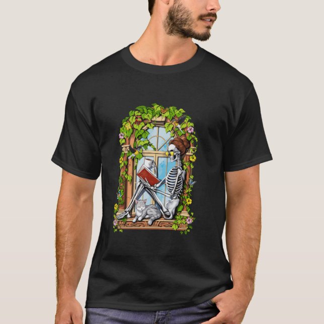 Camiseta Skeleton Leer libro Plantas florales Cat Bookworm  (Anverso)