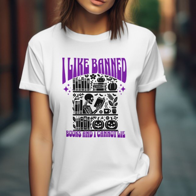 Camiseta Skeleton Leí Libros Prohibidos Halloween (white tee shirt with funny skeleton reading banned books)