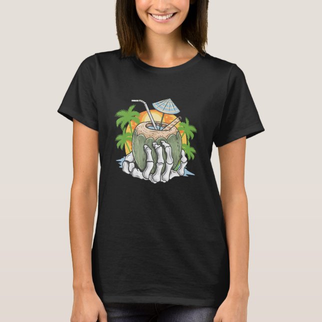Camiseta Skeleton Mano Holding Coco Isla Tropical (Anverso)