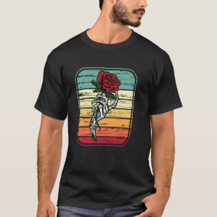 Camiseta Skeleton mano Rosa Rock Retro Música fuerte Metali