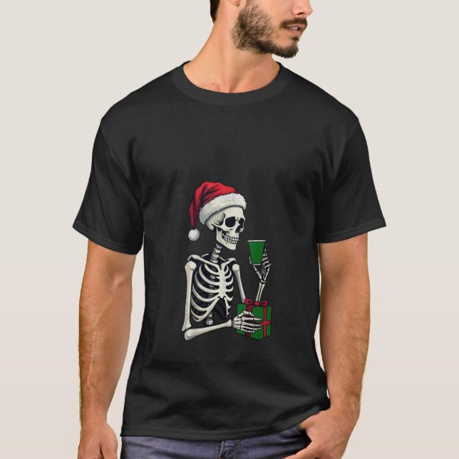 Camiseta Skeleton mujeres beber café Santa Hat Christma (Anverso)