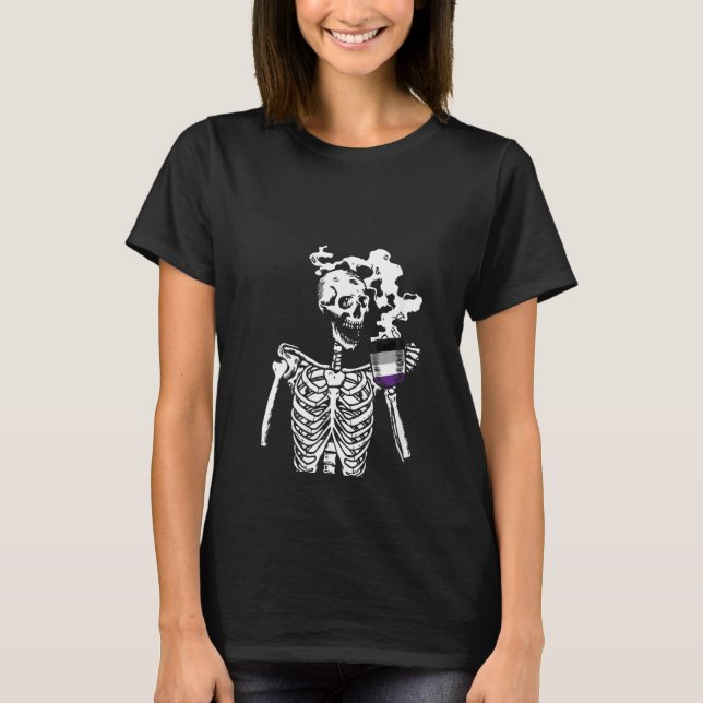 Camiseta Skeleton Mujeres Bebiendo Café Asexual Orgullo (Anverso)