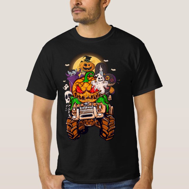 Camiseta Skeleton Mummy Witch Riking Truck Halloween Funny (Anverso)