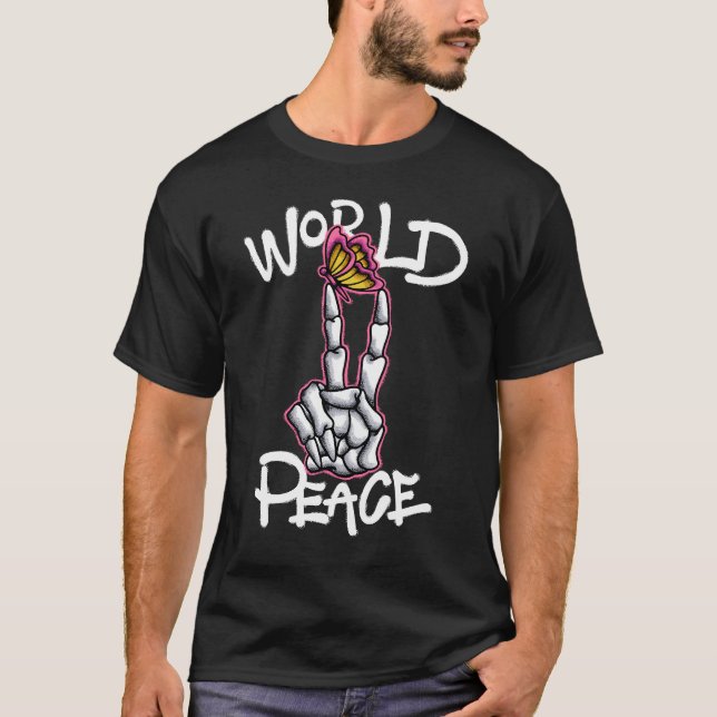 Camiseta Skeleton Peace Sign with Butterfly streetwear  (Anverso)