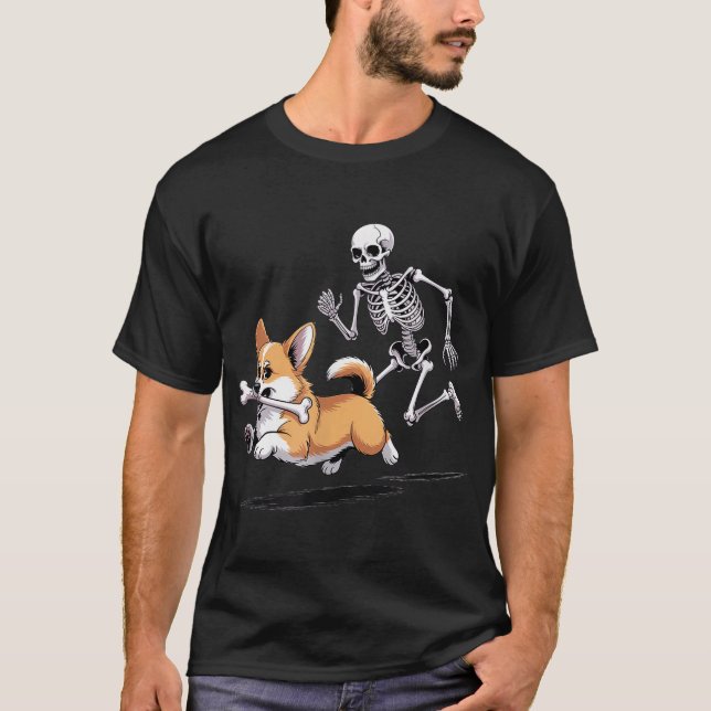 Camiseta Skeleton persiguiendo al perro de Halloween de Cor (Anverso)