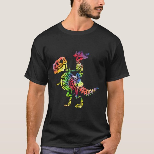 Camiseta Skeleton Pirate T Rex Dinosaur Tie Dye Halloween C (Anverso)