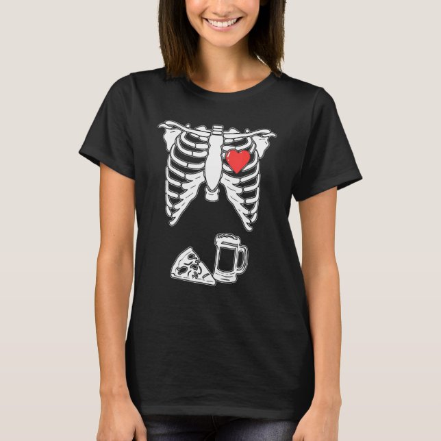 Camiseta Skeleton Pizza Beer Costume fiesta de Halloween (Anverso)
