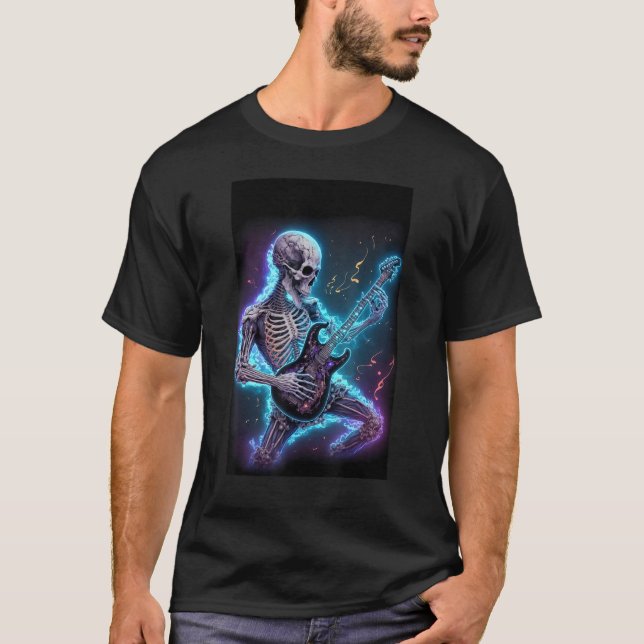 Camiseta skeleton playing electric guitar in space (Anverso)