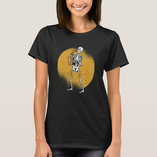 Camiseta Skeleton Playing Saxophone Jazz Halloween Music Sp (Anverso)