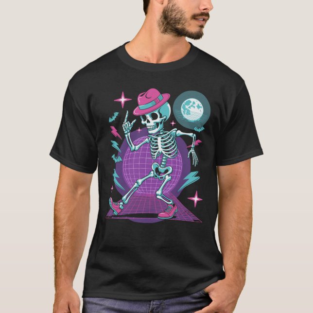 Camiseta Skeleton retro de baile Synthwave Halloween de los (Anverso)