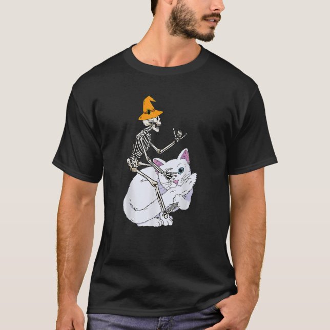 Camiseta Skeleton Riding Cat Lazy Halloween Disstume Cute K (Anverso)