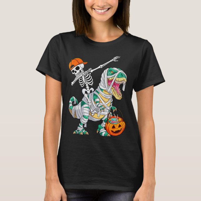 Camiseta Skeleton Riding Dancing Dab Dinosaur T Rex Hallowe (Anverso)