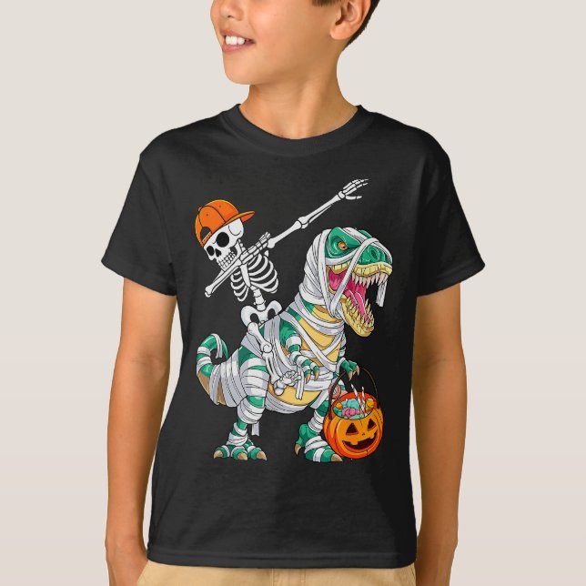 Camiseta Skeleton Riding Dancing Dab Dinosaur T Rex Hallowe (Anverso)