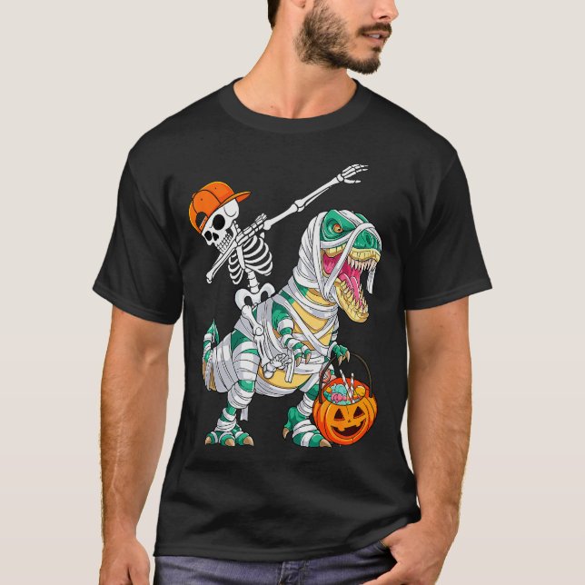 Camiseta Skeleton Riding Dancing Dab Dinosaur T Rex Hallowe (Anverso)