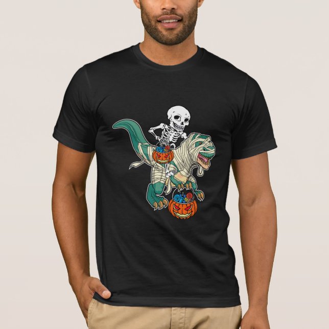 Camiseta Skeleton Riding Dinosaur Mummy Pumpkin Halloween (Anverso)