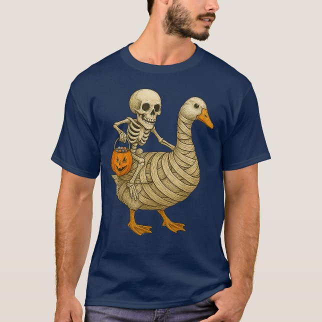 Camiseta Skeleton Riding Mom Goose Halloween Funny Pumpkin (Anverso)
