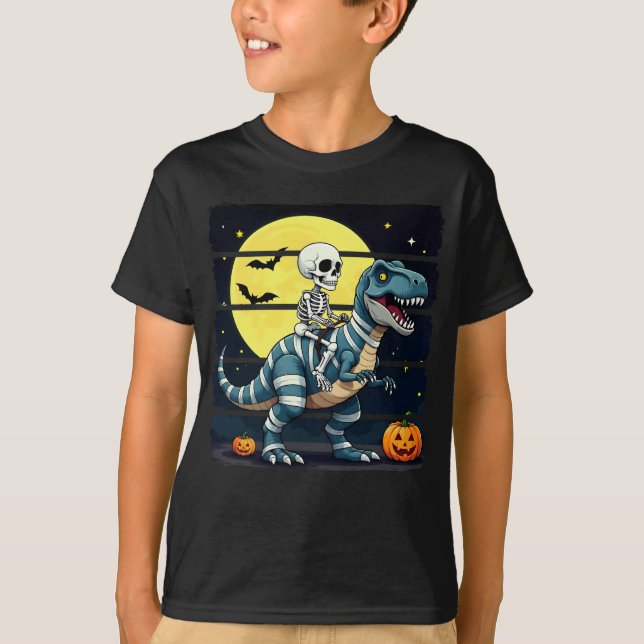 Camiseta Skeleton Riding Mummy Dinosaur Funny Halloween (Anverso)