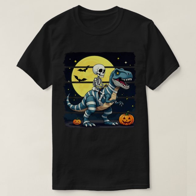 Camiseta Skeleton Riding Mummy Dinosaur Funny Halloween (Diseño del anverso)