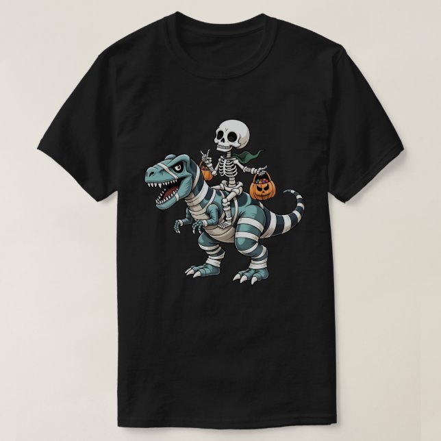 Camiseta Skeleton Riding Mummy Dinosaur Funny Halloween (Diseño del anverso)