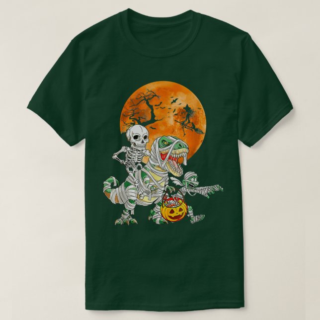 Camiseta Skeleton Riding Mummy Dinosaur Funny Halloween Pum (Diseño del anverso)