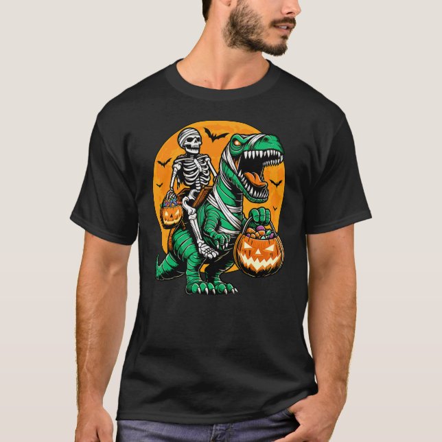 Camiseta Skeleton Riding Mummy Dinosaur Pumpkin Spooky Trex (Anverso)