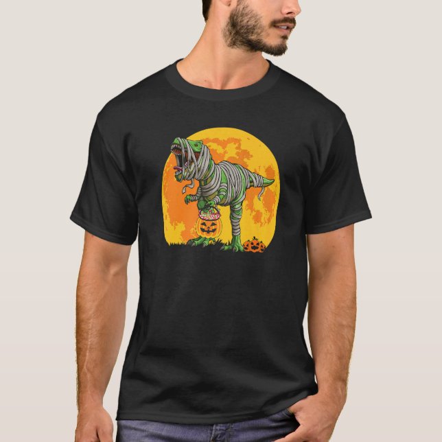 Camiseta Skeleton Riding Mummy Dinosaur Rex Halloween (Anverso)