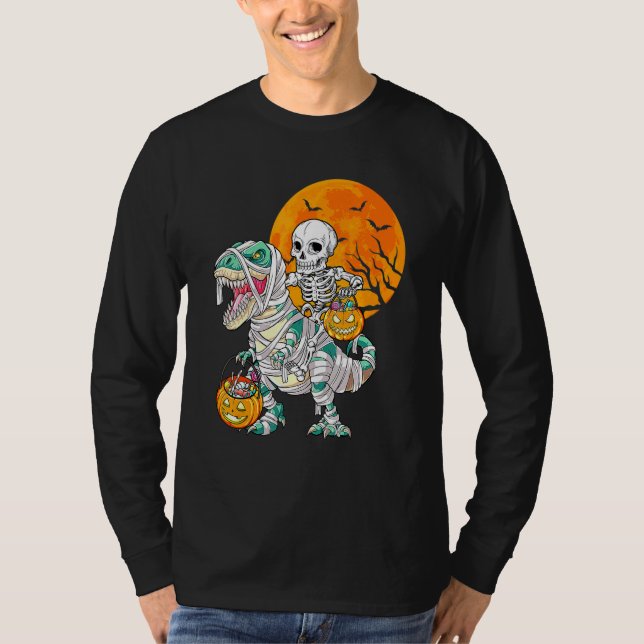 Camiseta Skeleton Riding Mummy Dinosaur Rex Halloween  Pump (Anverso)